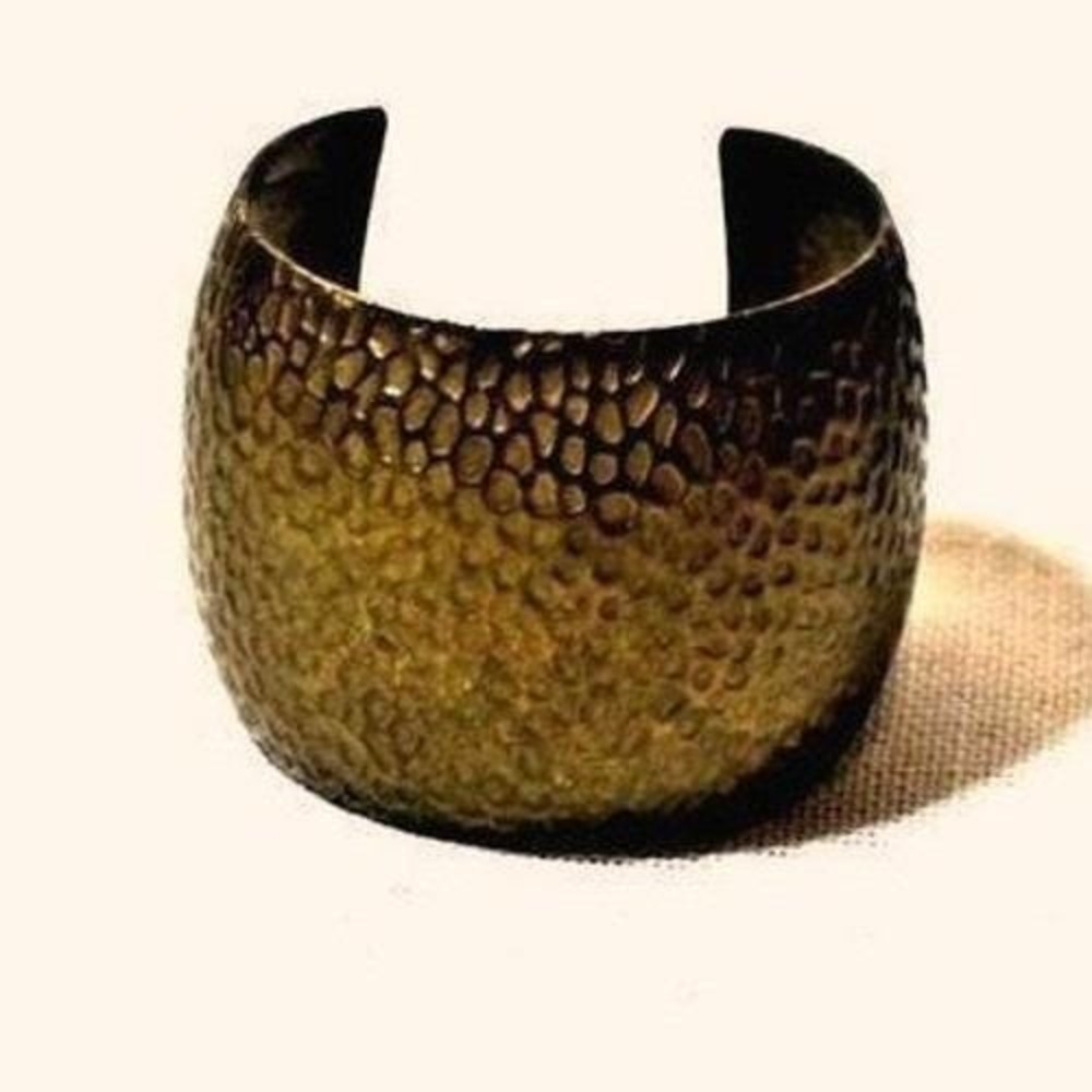 Hammered Brass Tone Wide Cuff Bracelet Textured Metal Statement Bangle